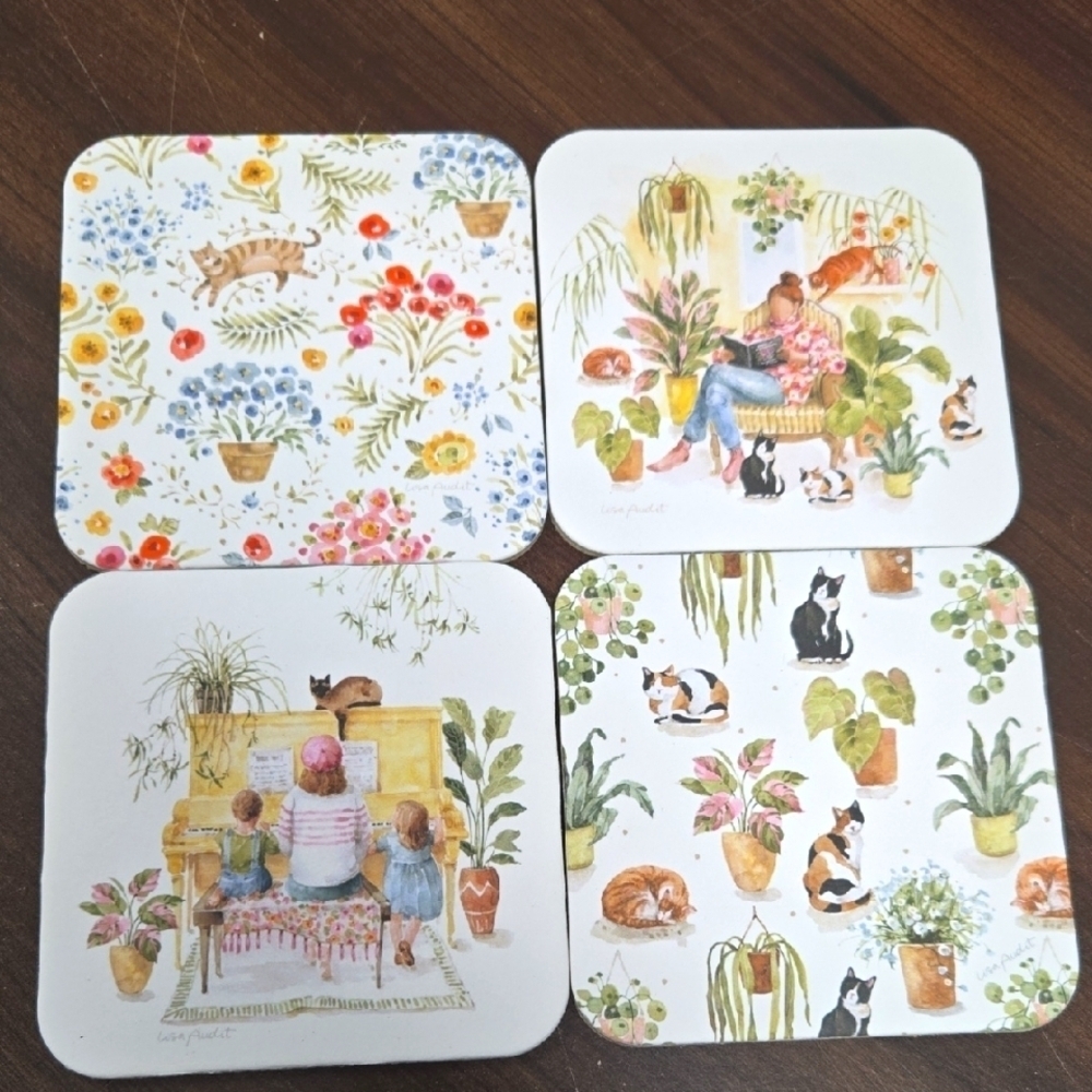 Legacy Publishing Set of 4 Cork Backed Cat and Floral Themed Coasters